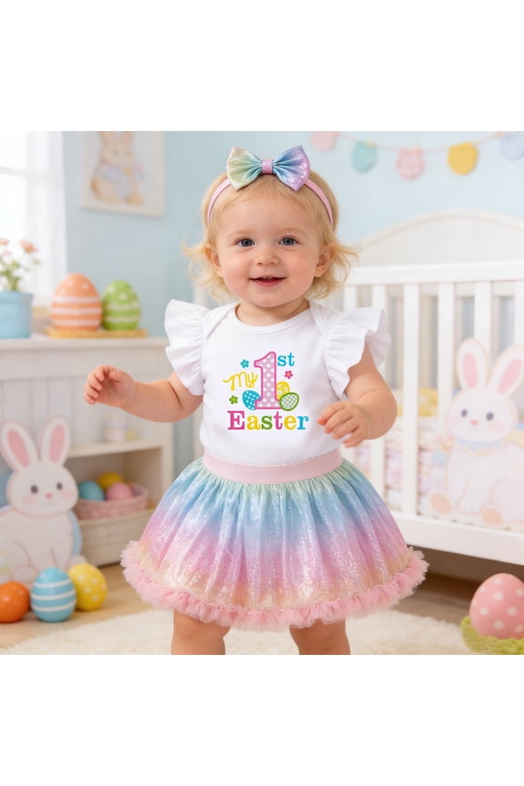 My First Easter Day Baby Girl Outfit 1st Letter Romper Floral Tutu Skirt with Headband Girl Baby Dress White1 3-6 Months