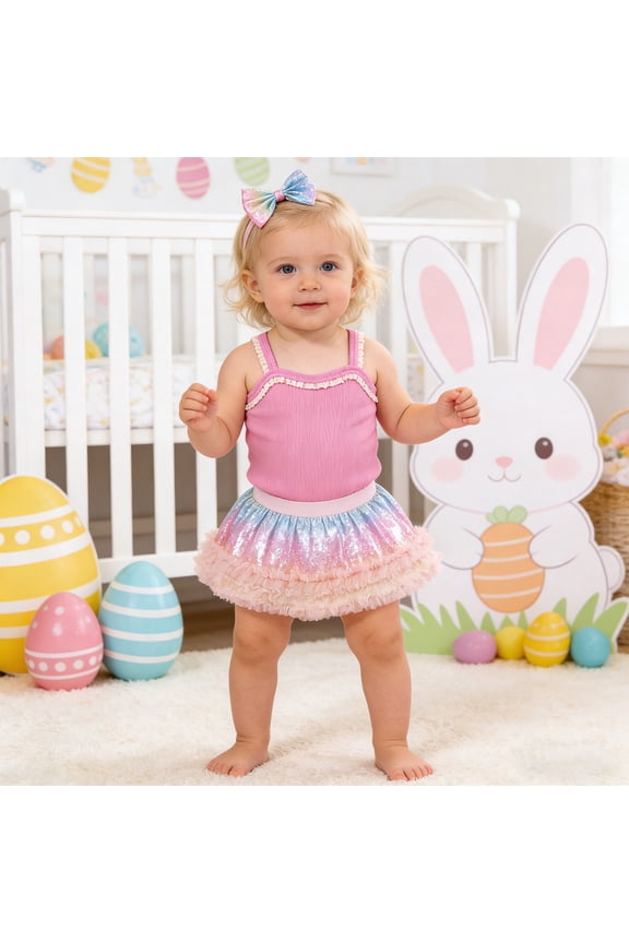 My First Easter Outfit Baby Girl 1st Letter Romper Floral Tutu Skirt with Headband Girl Baby Outfits Pink 3-6 Months