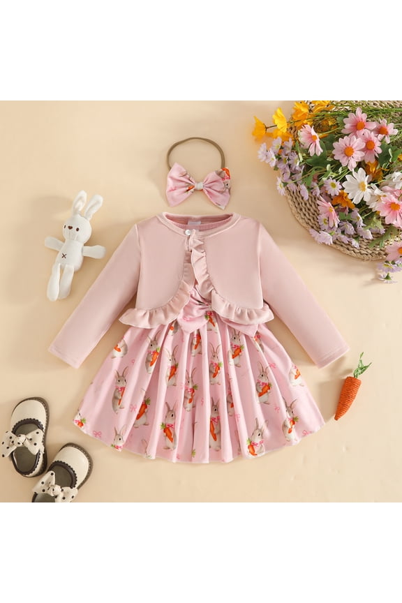 Baby Girl Easter Outfit Long Sleeve Cardigan and Bunny Dresses 2 Piece My First Easter Outfit Pink 9-12 Months
