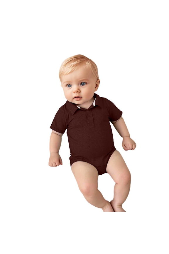 Newborn Infant Baby Short Sleeve Polo Rompers Collared Gentleman Soft Cotton For Daily Wear Baby Clothes Brown 12-18 Months