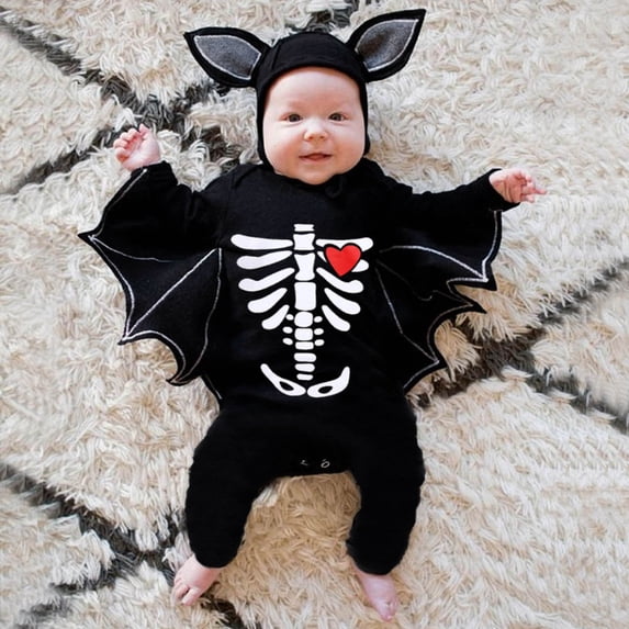 FASHOFT Onesie Baby Halloween Hooded Footie Romper with Wings Jumpsuit Cosplay Outfit Bat Black 18-24 Months