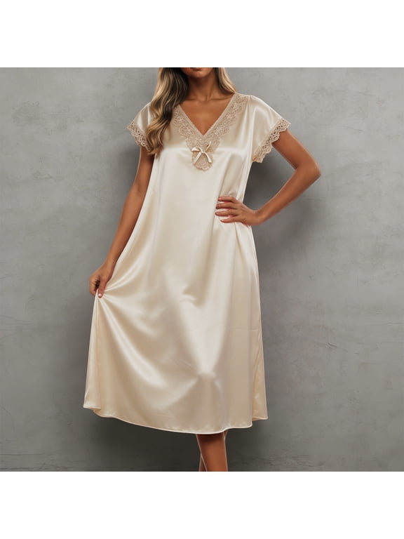 Night Gowns for Adult Women Lace Long Nightgowns Silk Satin Short Sleeve Victorian Sleep Dress Solid Night Dress Womens Sleepwear Beige L