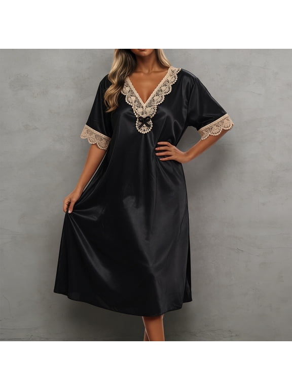 Night Gowns for Adult Women Lace Long Nightgowns Silk Satin Short Sleeve Victorian Sleep Dress Solid Night Dress Womens Sleepwear Black L