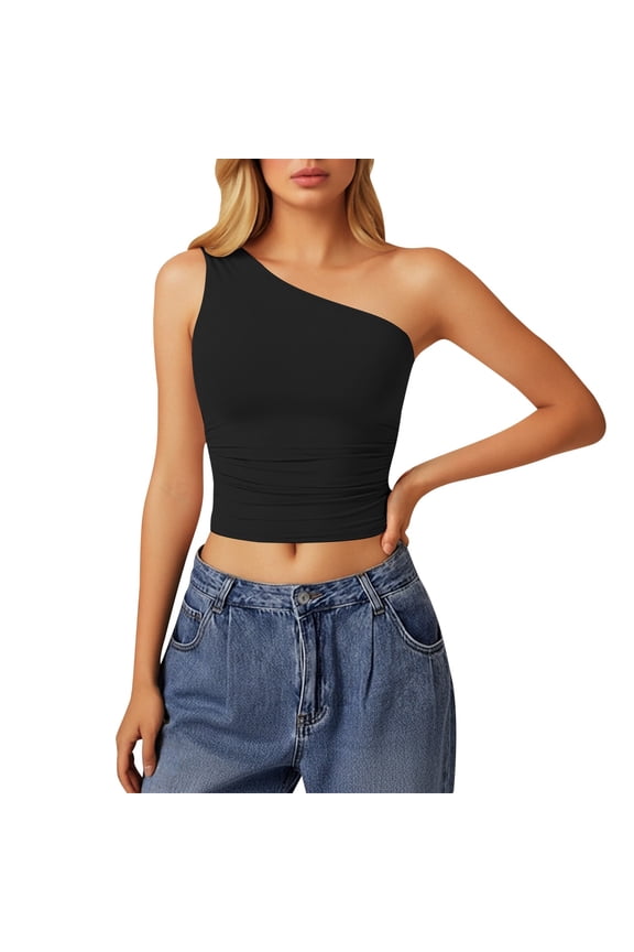 One Shoulder Tank Tops for Women Double Lined Sleeveless Slim Fit Cropped Tee Shirt Y2k Tops Black L