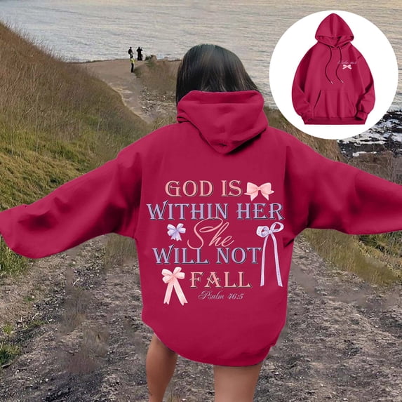 FASHOFT Oversized Christian Hoodies for Women Bible Verse Religious Christian Sweatshirt Hooded Pullover with Pocket Long Sleeve Fall Y2K Tops Red S