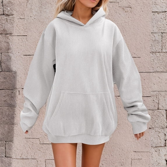 FASHOFT Oversized Corduroy Hoodies for Women Plain Long Sleeve Sweatshirt Casual Basic Pullover Sweater Fall Winter Clothes White XXXL
