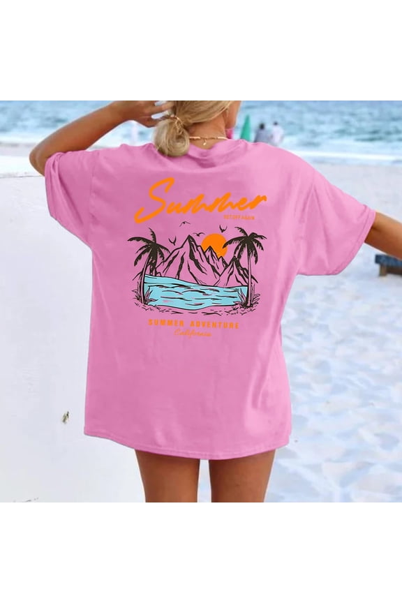 Oversized Graphic Tees for Women Summer Beach Vacation T Shirts Short Sleeve Tee Loose Fit Casual Tops Pink XL