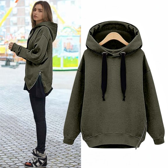 FASHOFT Oversized Hoodies for Women Side Slit Long Sleeve Hooded Sweatshirts Loose Fit Pullover 2026 Comfy Y2K Tops Green XXXL