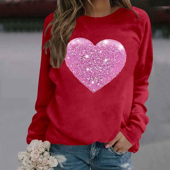 FASHOFT Oversized Sweatshirt For Women Valentine Love Heart Print Fashion Casual Solid Color Loose Letter Print Round Neck Hoodie Holiday Long Sleeve Pullover Tops Red M