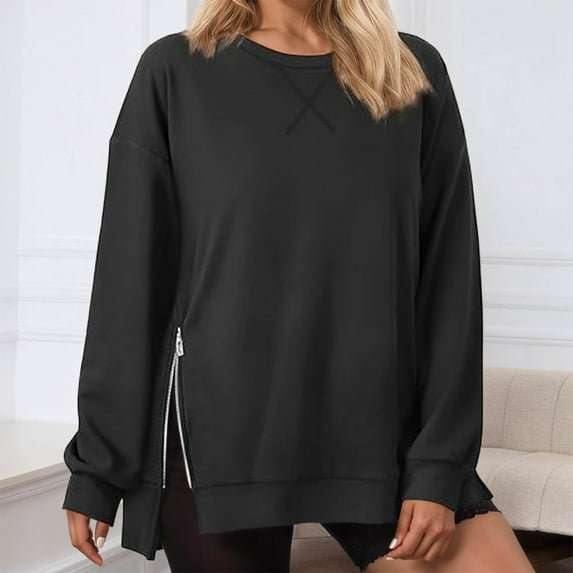FASHOFT Oversized Sweatshirt for Women Casual Long Sleeve Comfy Drawstring Side Slit Pullover Hoodie with Pocket Black L