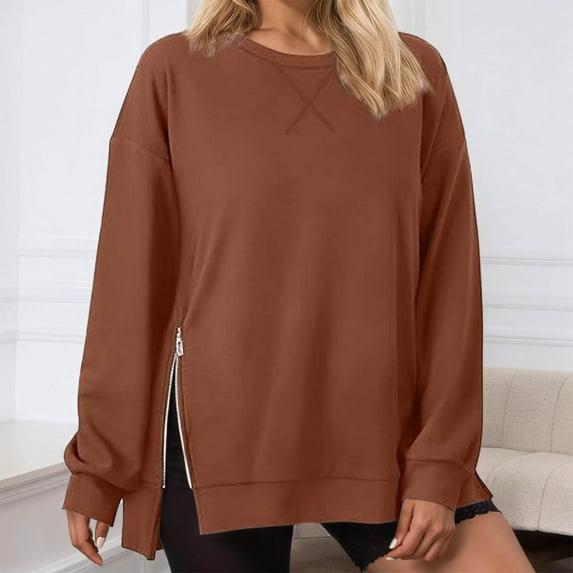FASHOFT Oversized Sweatshirt for Women Casual Long Sleeve Comfy Drawstring Side Slit Pullover Hoodie with Pocket Coffee XL