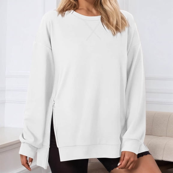 FASHOFT Oversized Sweatshirt for Women Casual Long Sleeve Comfy Drawstring Side Slit Pullover Hoodie with Pocket White XXL