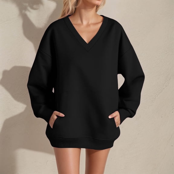 FASHOFT Oversized Sweatshirt for Women V Neck Long Sleeve Pullover Dressy Casual Cute Sweatshirt 2025 Fall Clothes Black M