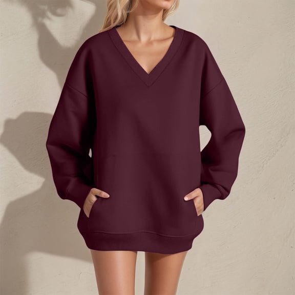 FASHOFT Oversized Sweatshirt for Women V Neck Long Sleeve Pullover Dressy Casual Cute Sweatshirt 2025 Fall Clothes RD1 M