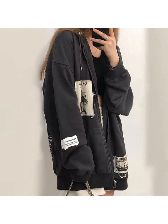 Oversized Zip Up Hoodie Women Y2k Aesthetic Skeleton Sweatshirts Grunge Gothic Jacket Streetwear Emo Clothes Grey M