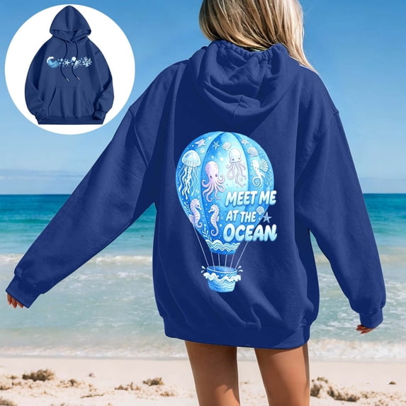 FASHOFT Palm Graphic Hoodies for Women Meet Me at The Ocean Y2k Oversized Sweatshirt Long Sleeve Preppy Outfit Navy M