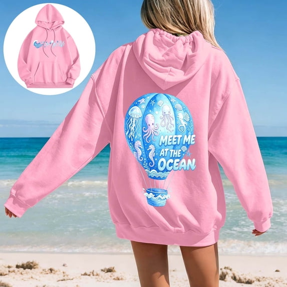 FASHOFT Palm Graphic Hoodies for Women Meet Me at The Ocean Y2k Oversized Sweatshirt Long Sleeve Preppy Outfit Pink XXXL