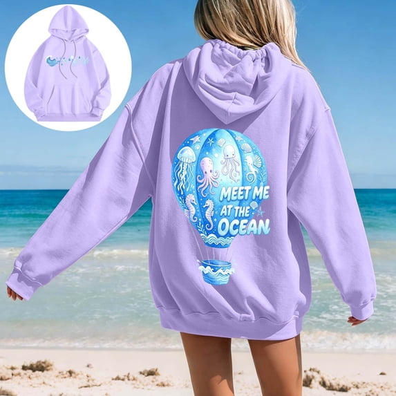 FASHOFT Palm Graphic Hoodies for Women Meet Me at The Ocean Y2k Oversized Sweatshirt Long Sleeve Preppy Outfit Purple S
