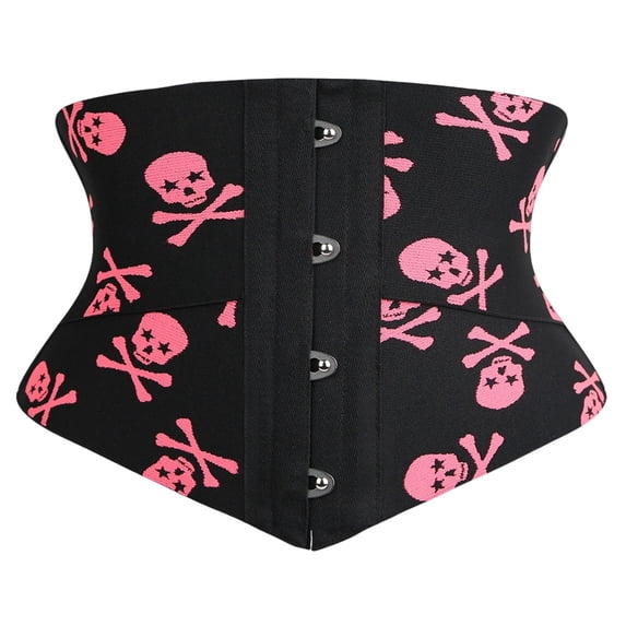 FASHOFT Pink Corset Shapewear For Women Skull Print Tummy Control Waist Trainer Belt Punk Gothic Colorblock Double Boned Waist Cinching Body Shaper Pirate Corset L