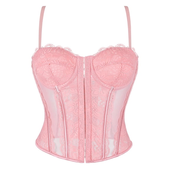 FASHOFT Pink Corset Shapewear For Women Thin Strap Semi Sheer Boned Waist Cinching Top Lightweight Body Shaping Everyday Wear Bustier Corset S