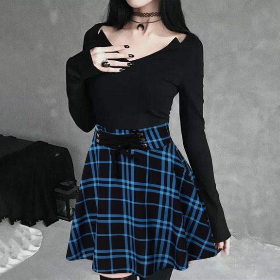 FASHOFT Plaid Patchwork Skirt for Women Printed Midi Dress With Thin Zipper Mixed Pattern For Daily Street Wear Long Skirt Blue