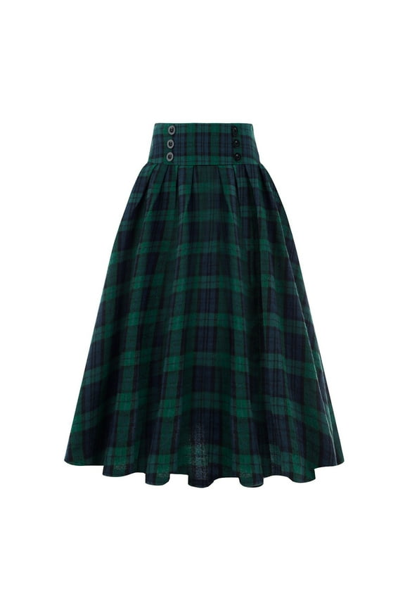 Plaid Skirts for Women Elastic Waist A-Line Pleated Long Skirts Fall Winter High Waisted Plaid Skirt Green L