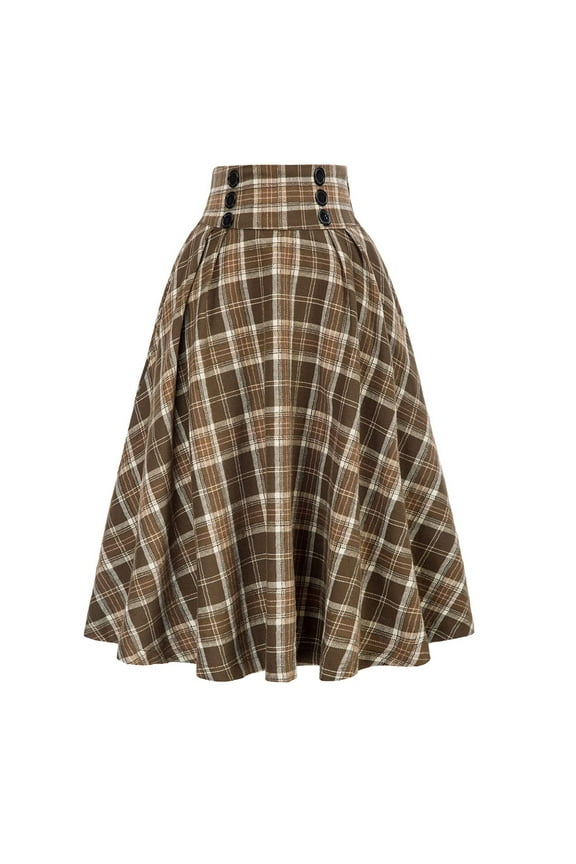 Plaid Skirts for Women Elastic Waist A-Line Pleated Long Skirts Fall Winter High Waisted Plaid Skirt Yellow M