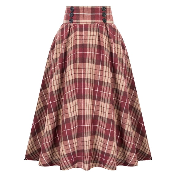 FASHOFT Plaid Skirts for Women Elastic Waist A-Line Pleated Long Skirts Spring Fall High Waisted Plaid Skirt Brick Red XXL