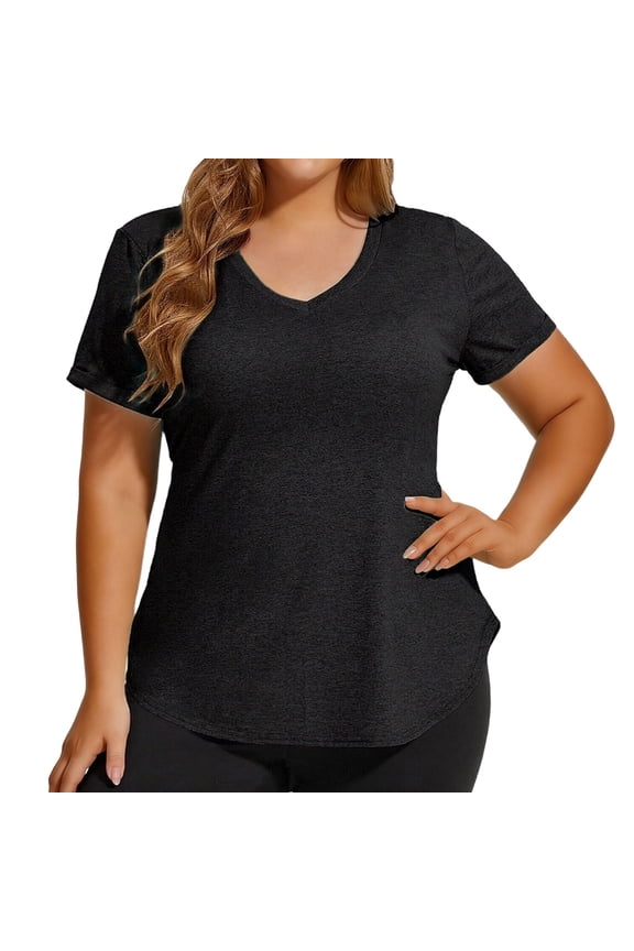 Plus Size Shirts for Curvy Women Solid V Neck Short Sleeve Summer Tops Loose Fit Casual Basic T-Shirt Black XXL