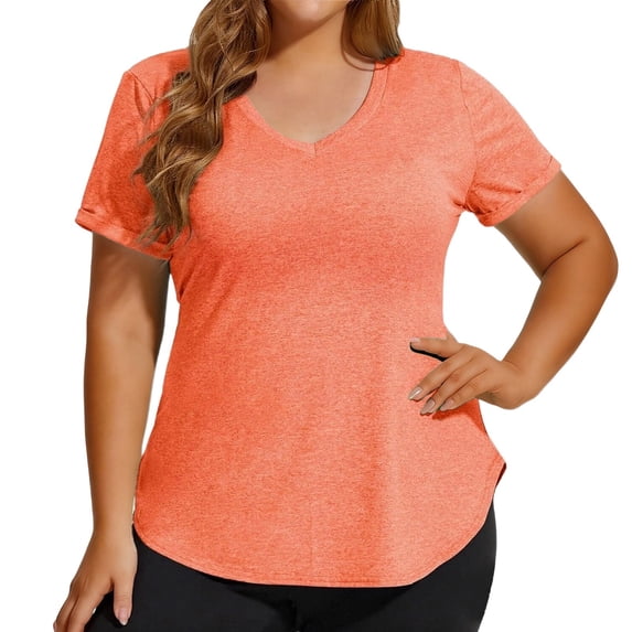 FASHOFT Plus Size Shirts for Curvy Women Solid V Neck Short Sleeve Summer Tops Loose Fit Casual Basic T-Shirt Orange XXXXL