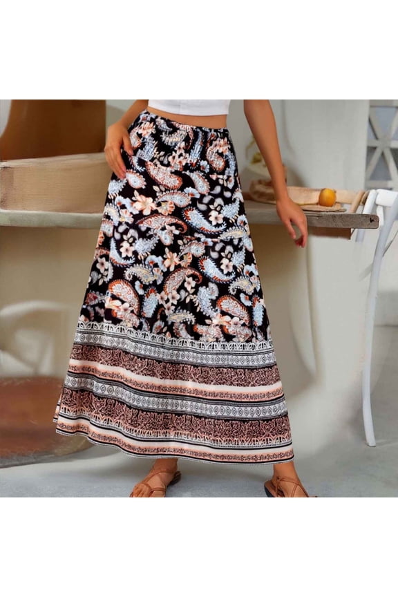 Printed Flowy Beach Skirt for Women High Waist Bohemian Maxi Dress Ethnic Pattern For Summer Seaside Vacation Long Skirt Black