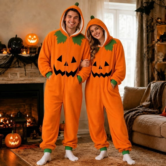 FASHOFT Pumpkin Adult Onesie Jack O Lantern Men Women Halloween Costumes One Piece Cosplay Suit for Adults Orange S