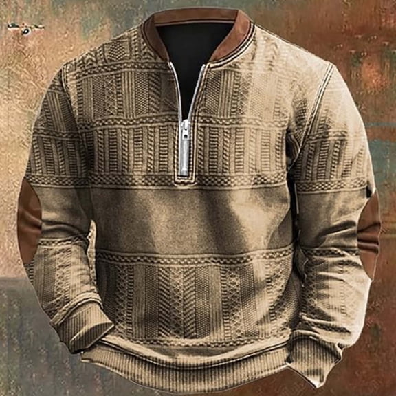 FASHOFT Quarter Zip Pullover Men Oversized Patchwork Sweatshirt Casual Long Sleeve Stand Collar Sweatshirts Vintage Country Tops Khaki M
