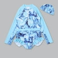 thumbnail image 1 of FASHOFT Ruffle Rash Guard Swimsuit for Girls Long Sleeve Rashguard Shirt with Hat UPF 50+ Sun Protection Zip up Floral Graphic Bathing Suit Sky Blue 5-6 Years, 1 of 3