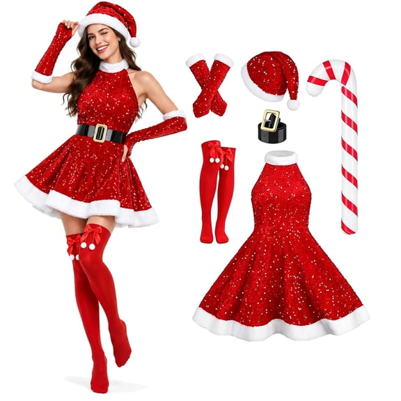 FASHOFT Santa Costume Women 6 Piece Contrast Trim Sleeveless Dress With Hat Belt Gloves And Stockings Holiday Party Christmas Costumes Set XL