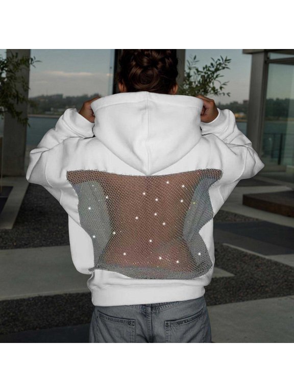 See Through Fishnet Y2K Hoodie for Women Backless Grunge Clothes Sequin Oversized Hoodies with Pockets White XS