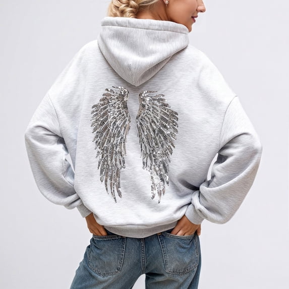 FASHOFT Sequin Angel Wings Hoodies for Women Trendy Long Sleeve Drop Shoulder Oversized Sweatshirt Baggy Drawstring Pullover Tops with Pocket Grey L