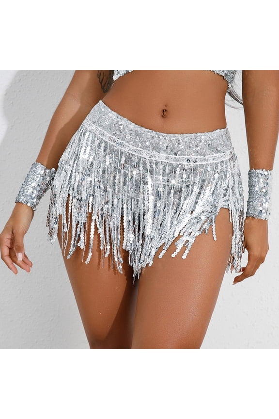 Sequin Mini Skirt For Women Fringed Sequined Dance Skirt Latin Dance Stage Glitter Shorts Half Skirt For Bar DJ Live Performance Womens Skirts Silver