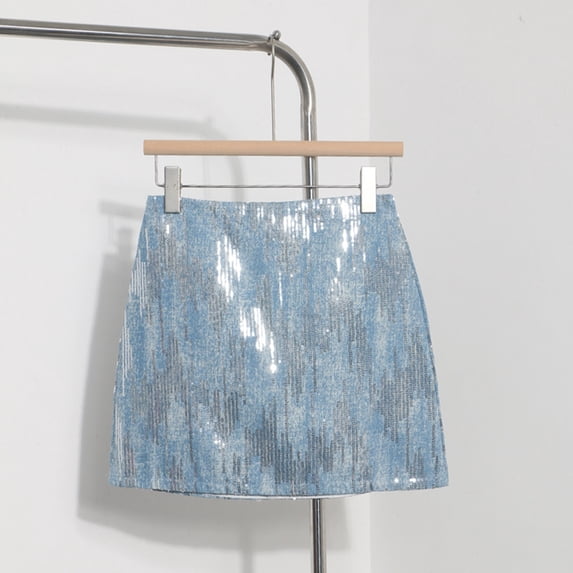 FASHOFT Sequin Mini Skirt For Women Y2K High Waist A Line Skirt Glitter Sequined One Step Bodycon Skirt Anti Exposure Design For Daily Party Wear Womens Skirts Light Blue