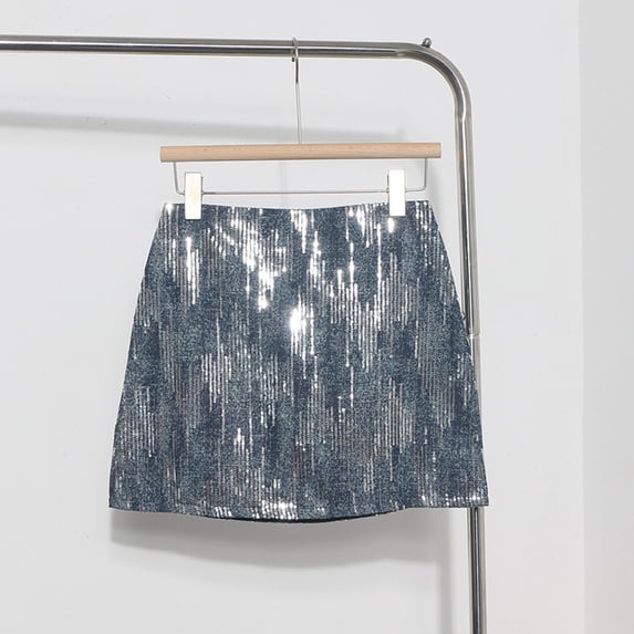 FASHOFT Sequin Mini Skirt For Women Y2K High Waist A Line Skirt Glitter Sequined One Step Bodycon Skirt Anti Exposure Design For Daily Party Wear Womens Skirts Blue