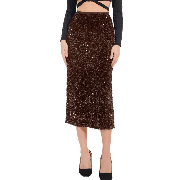 FASHOFT Sequin Skirt For Women Velvet Sequined Long Skirt Elastic High Waist Split Hem Dress Glitter Outfit For Outdoor Party Evening Wear Women's Skirts Coffee
