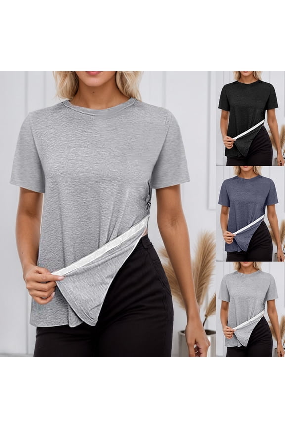 Short Sleeve T Shirts for Women Side Seam Adjustable Round Neck Casual Loose Shirt Black L
