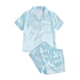 thumbnail image 1 of FASHOFT Silk Leopard Pajamas for Women Set Short Sleeve Satin Sleepwear Button Down Pjs Shorts Set Comfy Loungewear Light Blue S, 1 of 6