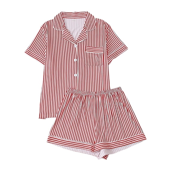 FASHOFT Silk Pajamas for Women Set 2 Piece Sleepwear Striped Loungewear Button Down Short Sleeve Silky PJ Set Pink S