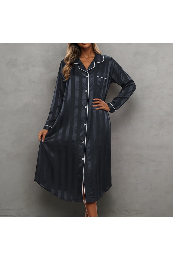 Silk Satin Nightgowns for Women Striped Button Down Night Gown Victorian House Dress Long Sleeve Shirts Womens Sleepwear Black XXXXL