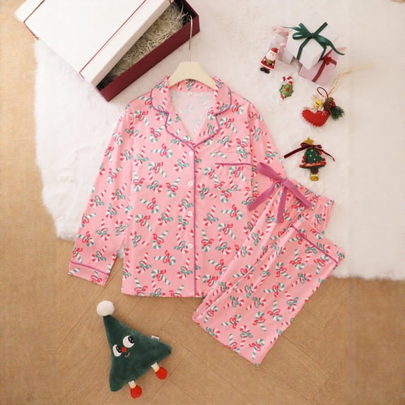 FASHOFT Silk Satin Pajamas for Women Set Candy Cane Graphic Soft Long Sleeve Button Up Sleepwear Notch Collar 2 Piece Pjs Pants Set Sleep Lounge Set for Bridal Christmas Gift L