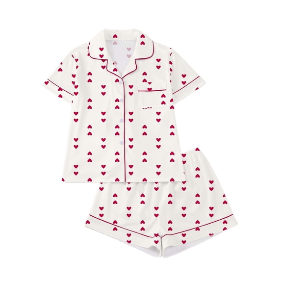 FASHOFT Silk Valentines Pajamas for Women Set Satin Love Hearts Graphic Button Up Short Sleeve Sleepwear 2 Piece Pj Shorts Sets Soft Loungewear Red XL