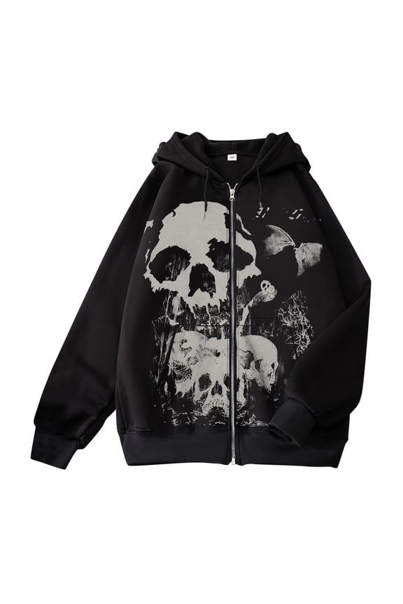 Skull Graphic Zip Up Hoodies for Women Emo Goth Skeleton Jacket Y2k Grunge Oversized Halloween Sweatshirt