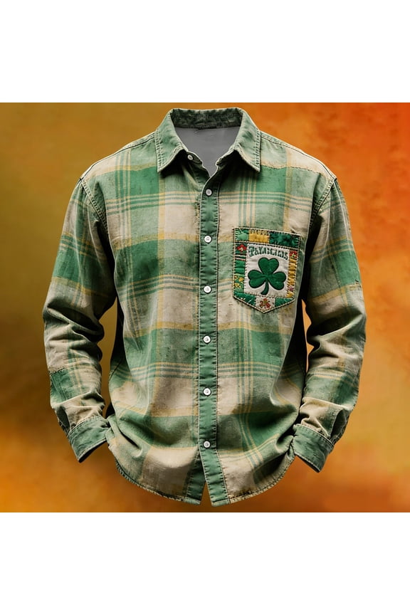 St Patricks Day Shirt Men Long Sleeve Button Down Shirts Shamrock Clover Graphic Plaid T-Shirts Green XL