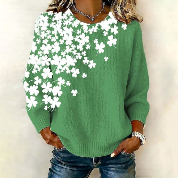 FASHOFT St Patricks Day Sweater Women Shamrock Irish Graphic Sweaters Loose Fit Crew Neck Long Sleeve Pullover Holiday Knitted Tops Green L
